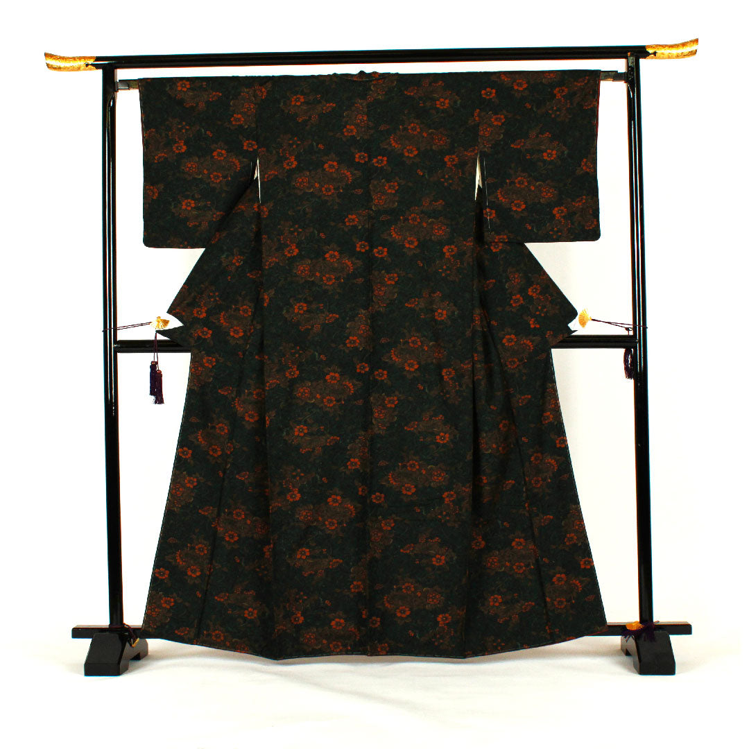 Komon, Length 164.5cm, Sleeve length 65cm, Awase, Hand-woven pongee, Flower pattern, Pure silk, S rank, Green, 1115000562419