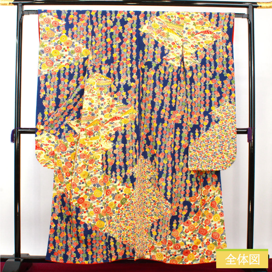 振袖 正絹 身丈157.5cm 裄丈62.5cm 袷 濃紺色(のうこんいろ) 京紅型 吉祥文様 Sランク 紺系 1113002082318