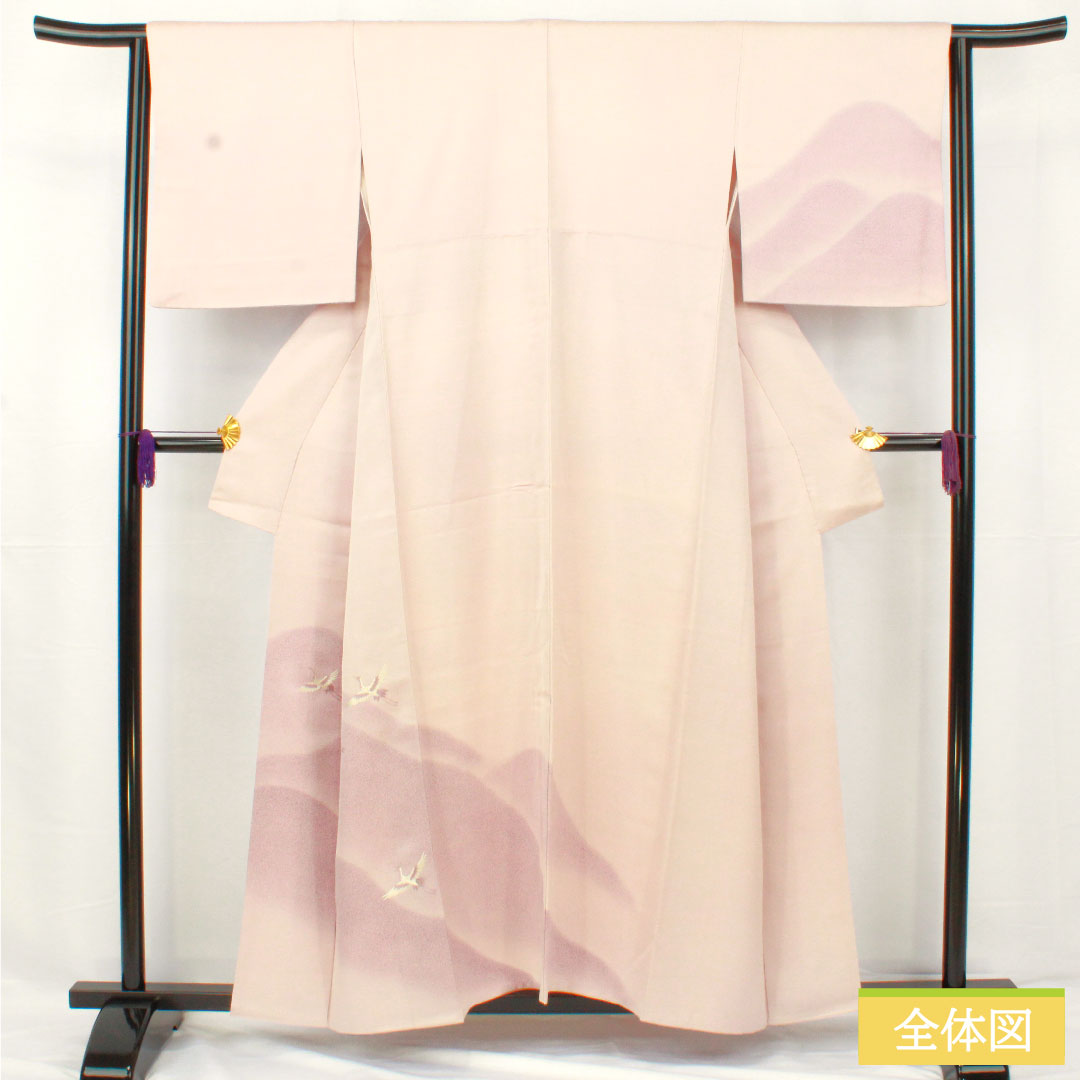 Homongi, pure silk, lined, length 157cm, sleeve length 63cm, cherry blossom color, Kyo-Yuzen, crane, A rank, purple, 1112005523320