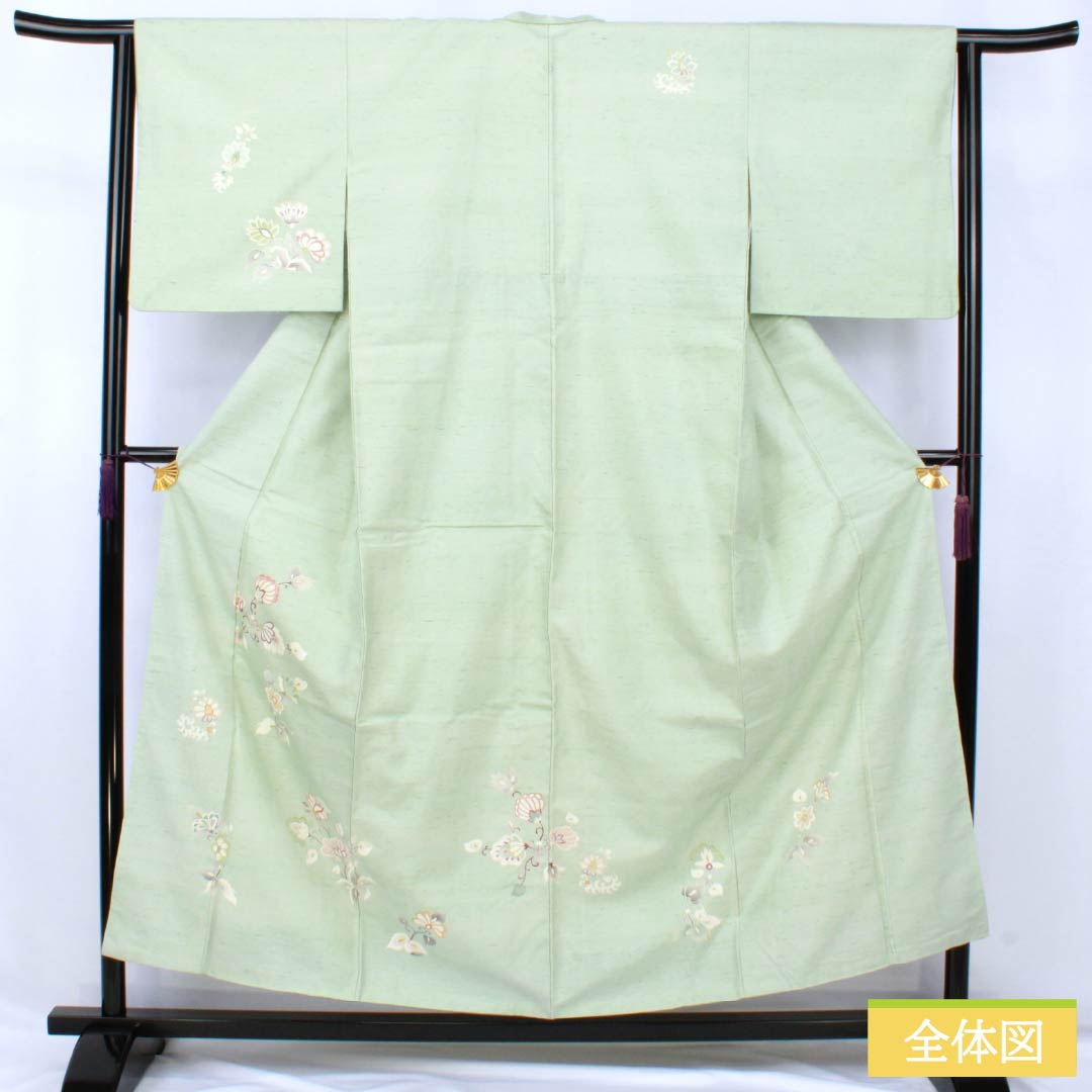 訪問着 正絹 Aランク 袷 身丈155cm 裄丈61cm 薄緑色(うすみどりいろ) 牛首紬 一つ紋 中陰蔦 草花 緑系 1112007533319