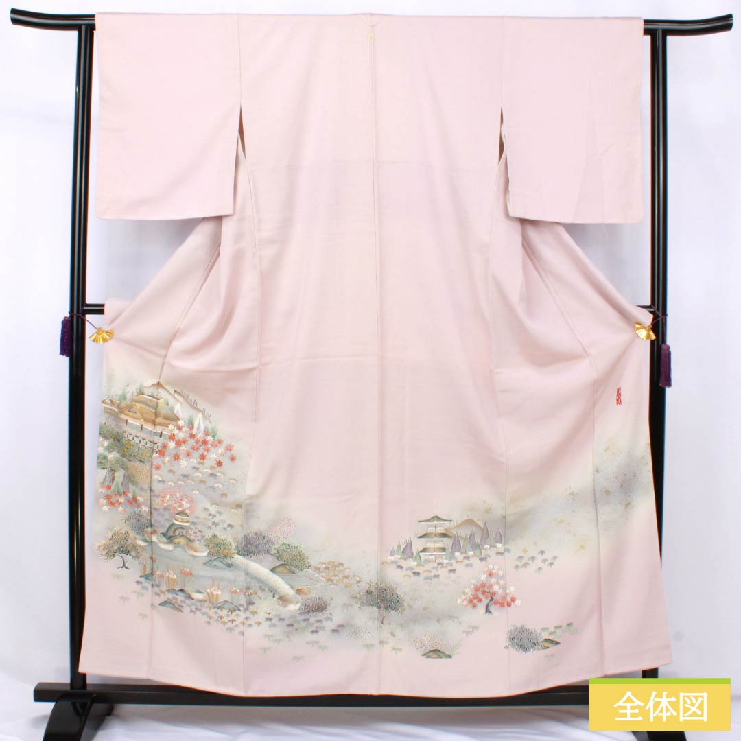 色留袖 正絹 Aランク 身丈157.5cm 裄丈62cm 袷 桜色(さくらいろ) 一つ紋 下り藤 京友禅 風景模様 作家物 しつけ糸付き 一つ紋 ピンク系 1111002003313