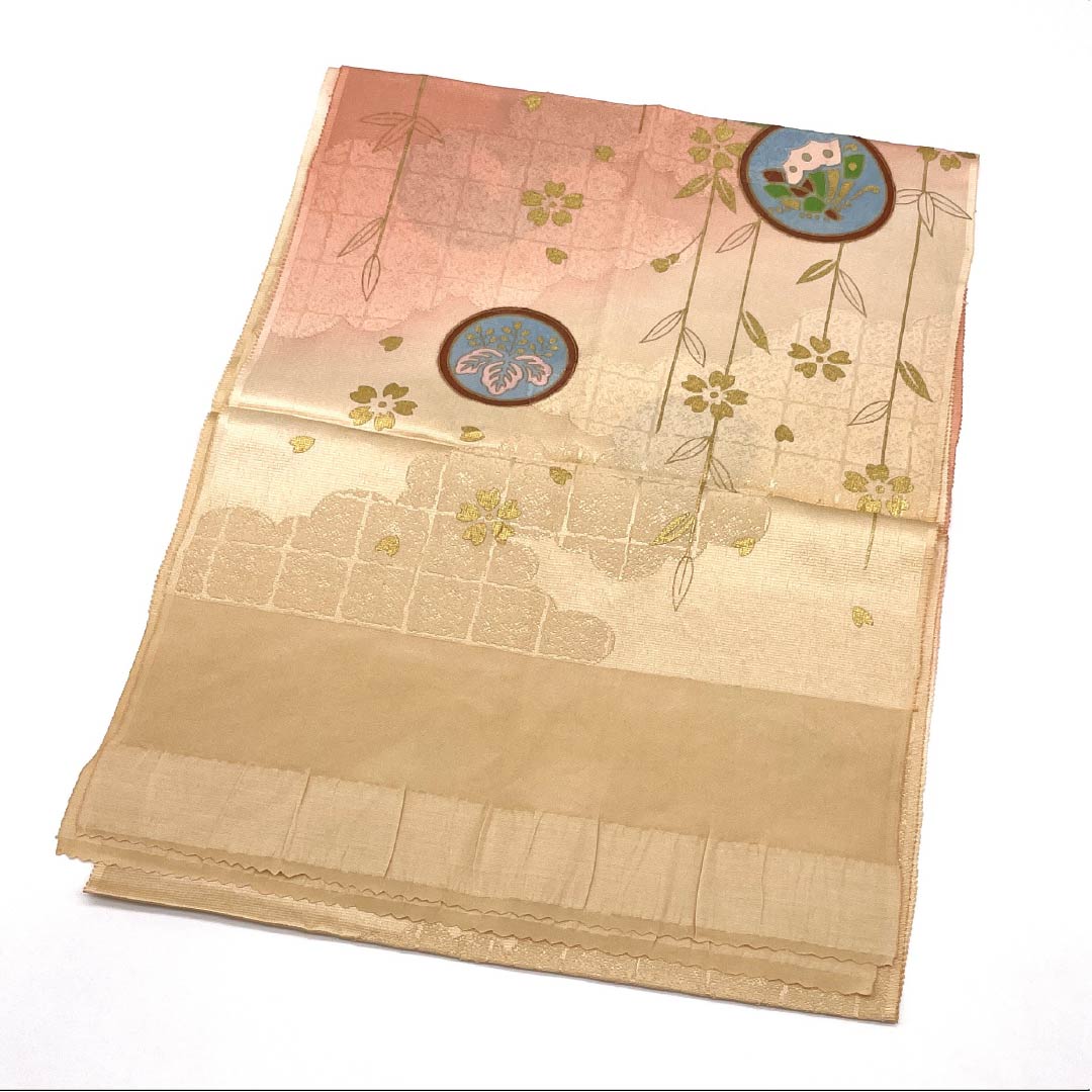帯揚げ 正絹 Sランク セミフォーマル 薄柿色(うすがきいろ) 東雲色(しののめいろ) 丸紋 桜 長さ約170cm 幅約30cm ベージュ系 1136004572925