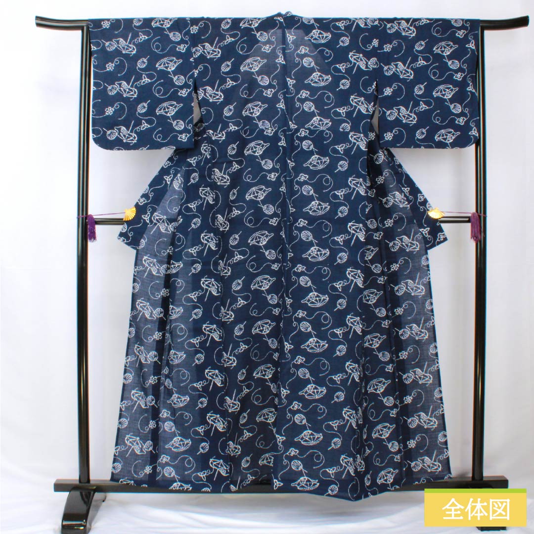 Yukata Cotton Length 157cm Sleeve length 65cm A rank Single layer Navy blue Umbrella Fan pattern 1118005603318