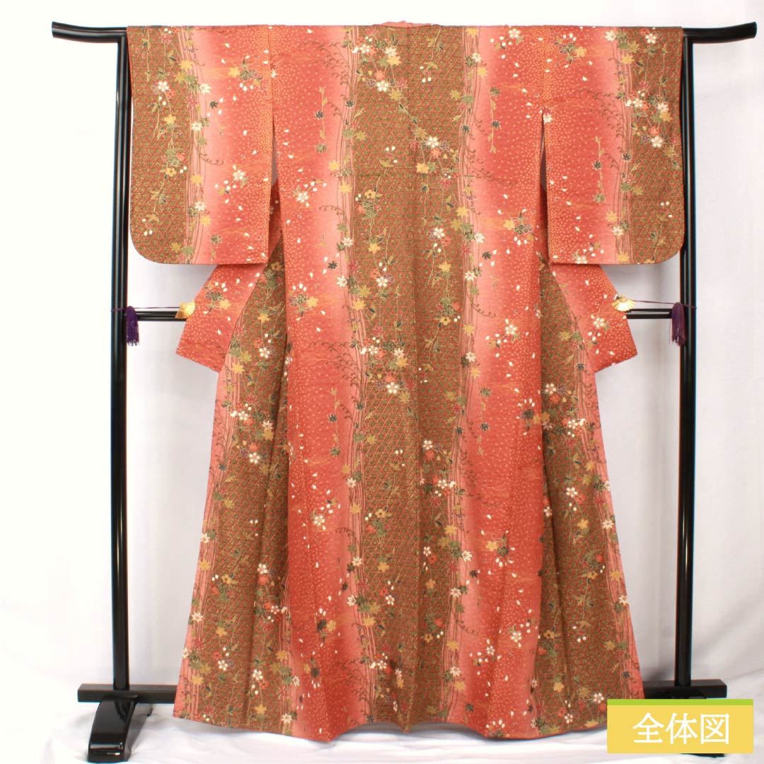 Komon, pure silk, length 163cm, sleeve length 64cm, lined, red sapphire color, basket pattern, flower, basting thread included, S rank, vermilion, 1115005692416