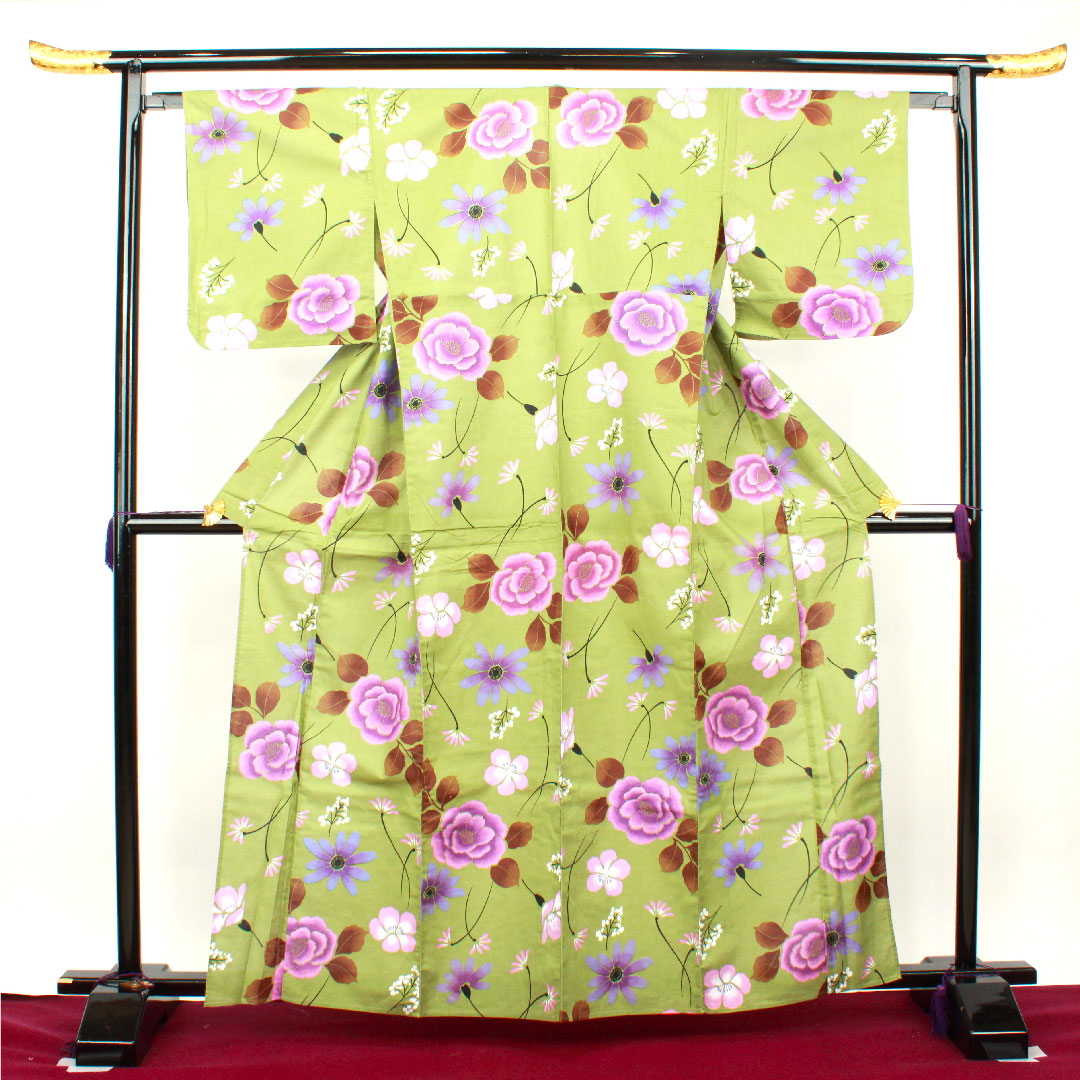Yukata, green, floral pattern, cotton, S rank, single layer, length 162cm, sleeve length 62cm, green 1118001142419
