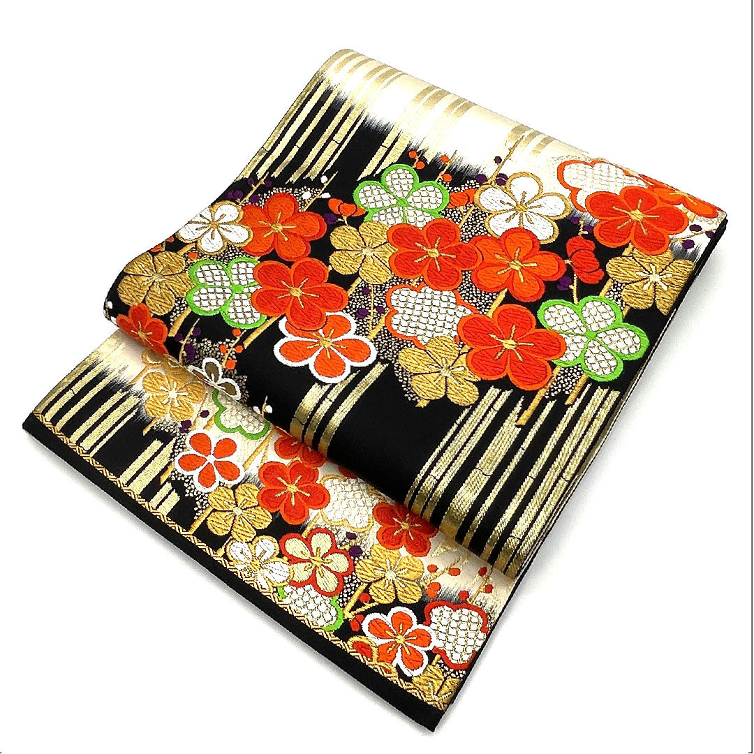 Fukuro Obi for Furisode, Plum, Bamboo, Length 422cm, Pure Silk, A Rank, Six-way, Formal, Black, 1123003443310