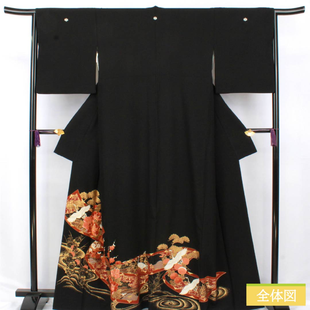 Black Tomesode Kimono, Polyester, Rank A, Length 163.5cm, Sleeve Length 64cm, Lined, Five Crests, Paulownia, Auspicious Patterns of Cranes, Pine Trees, and Plum Blossoms, Washable, Black, Item Number 1111001833410