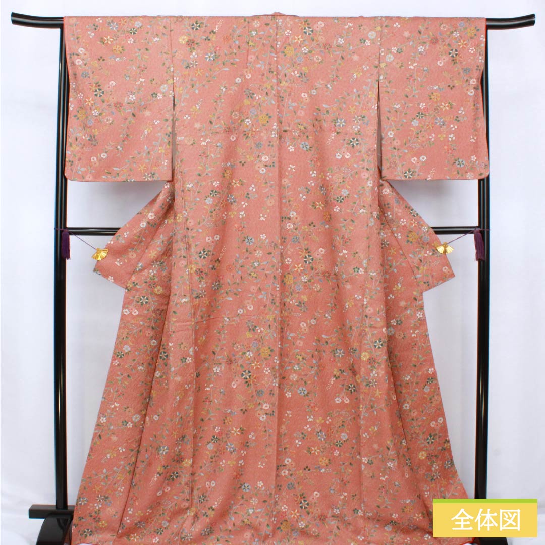 Komon (small pattern) kimono, pure silk, S rank, length 168cm, sleeve length 66cm, lined, light purple (asakura) color, floral pattern, pink with basting thread, product number 1115007152513