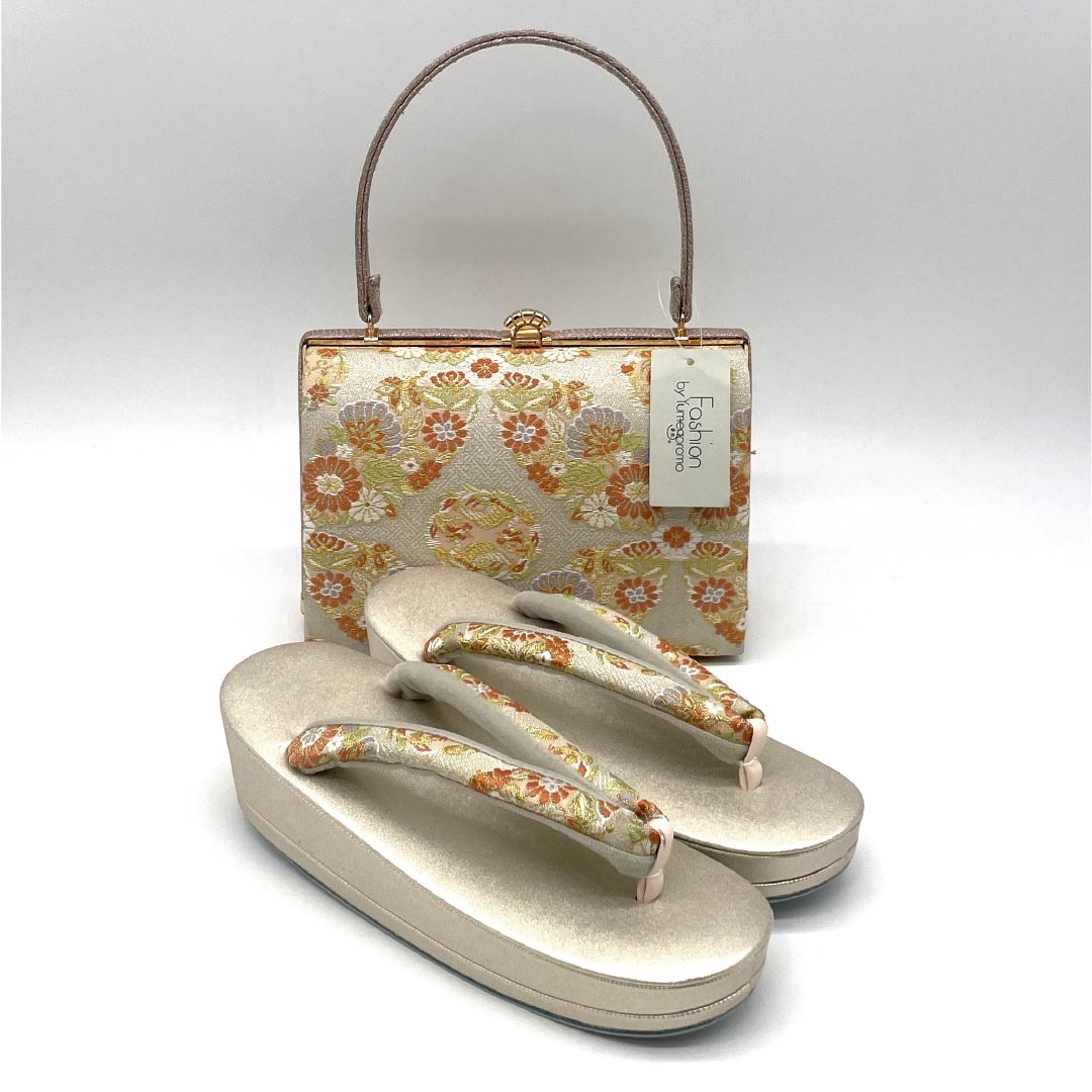 (Like New) Formal Zori and Bag Set, Chrysanthemum Design, Obi Fabric, Size M, Silver, 1133000361322