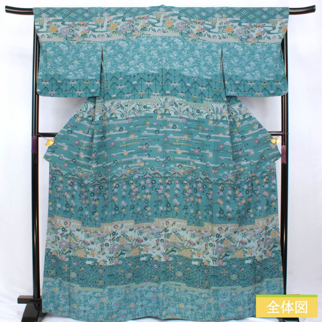 Homongi Silk S-Rank Lined Kimono Length 166cm, Sleeve to Sleeve 67.5cm, Kage-asagi Color, Stenciled, Artist-made, Classic Pattern, With basting stitches, Blue series, 1112007792517