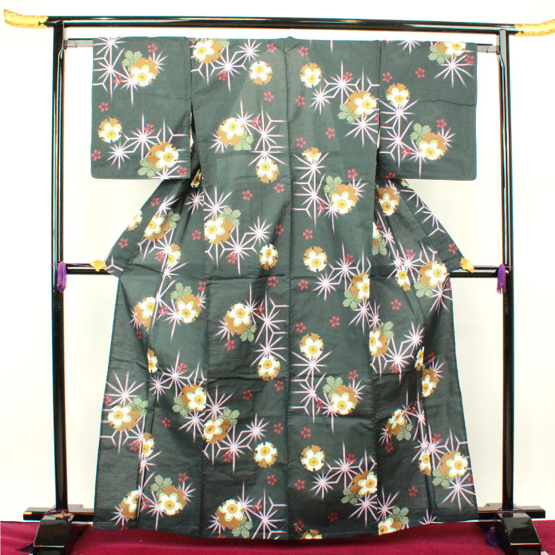 Yukata, Snowflake, Cherry Blossom, Asanoha, Cotton, S Rank, Single Layer, Length 164.5cm, Sleeve Length 64cm, Black, 1118002212410