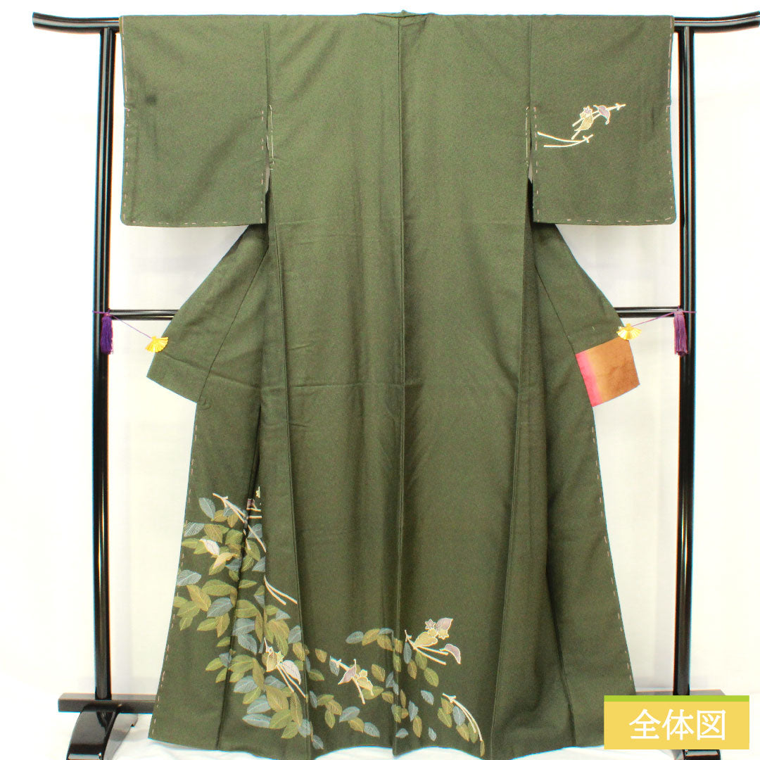 Homongi (formal kimono) made of polyester, lined, length 165cm, sleeve length 63cm, indigo sea pine brown, washable kimono, Matsuba, A rank, green, 1112005843519