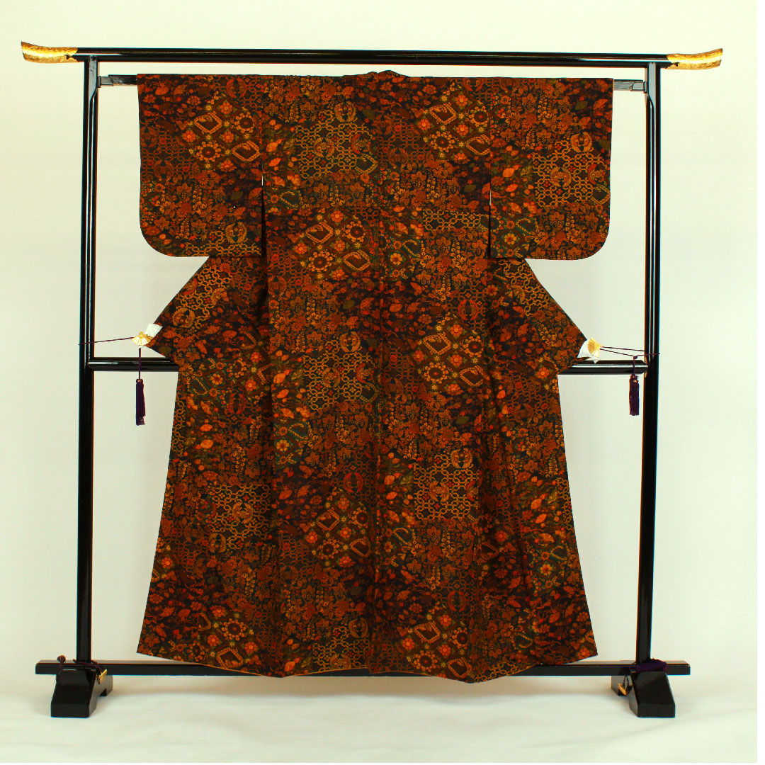 小紋 身丈158cm 裄丈64cm 袷 更紗模様 正絹 Aランク 茶系 1115000443314