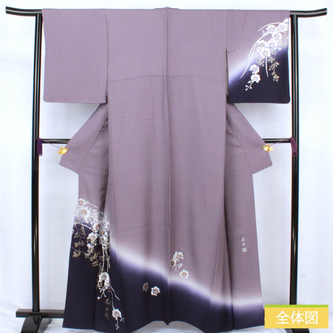 Visiting Kimono, Pure Silk, S-Rank, Lined, Length 161cm, Sleeve Length 63cm, Hatobairo (Dove Feather Color), Tsukesage, Gold-Leafed Flowers, Hajikku Guard, Purple, Product Number: 1112006762420