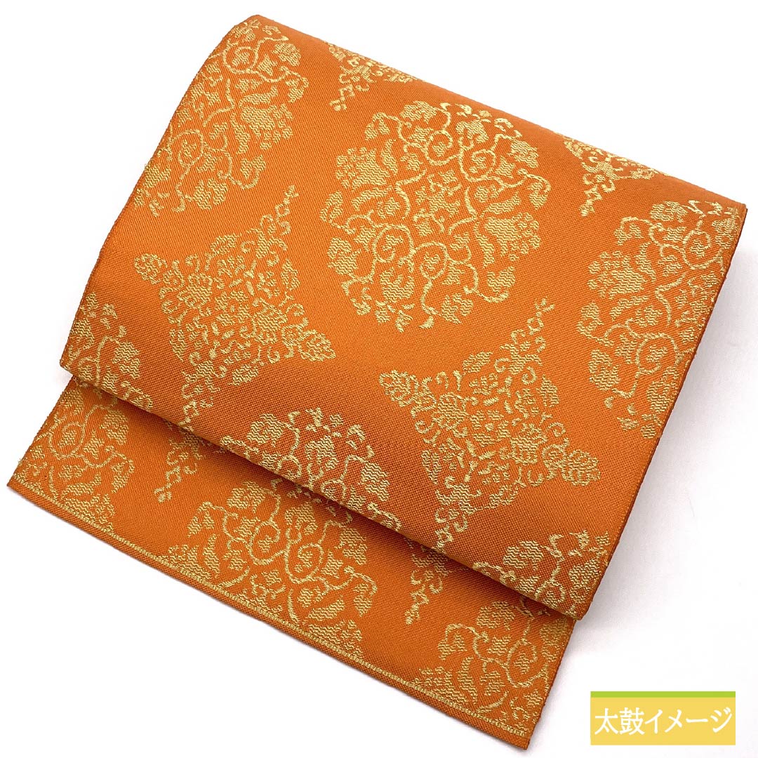 Nagoya Obi, Ouni-iro (Orange), Shosoin Treasure Design, 370cm Long, Pure Silk, S-Rank, Six-Ply, Semi-Formal, Orange, 1124008422326, Pine Needle Pattern