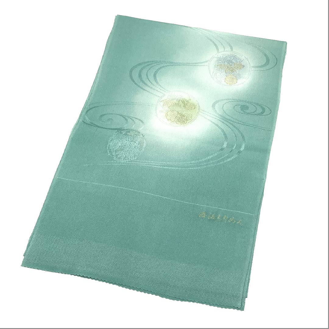 (新古品)帯揚げ 正絹 NEWランク セミフォーマル 花緑青色(はなろくしょういろ) 流水 丸に松竹梅 古典柄 長さ約184cm 幅約28cm 緑系 1136003241919