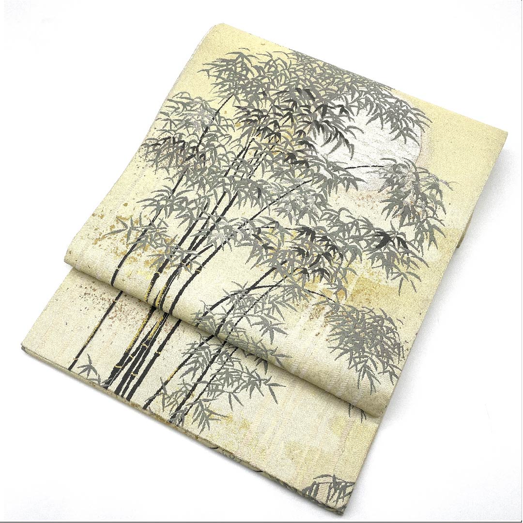Ivory-colored Fukuro Obi (Bag) with pearl leaf and bamboo forest, Asayama Textile, Length 432cm, Pure silk, A-rank, Pointed pattern, Formal, Cream-colored, 1123006123315