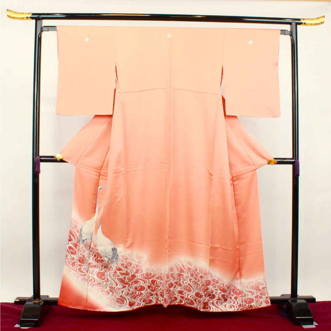 色留袖 身丈160.5cm 裄丈64cm 袷 珊瑚色 京友禅 鶴 流水 三つ扇 正絹 Sランク 三つ紋 橙系 1111001132426