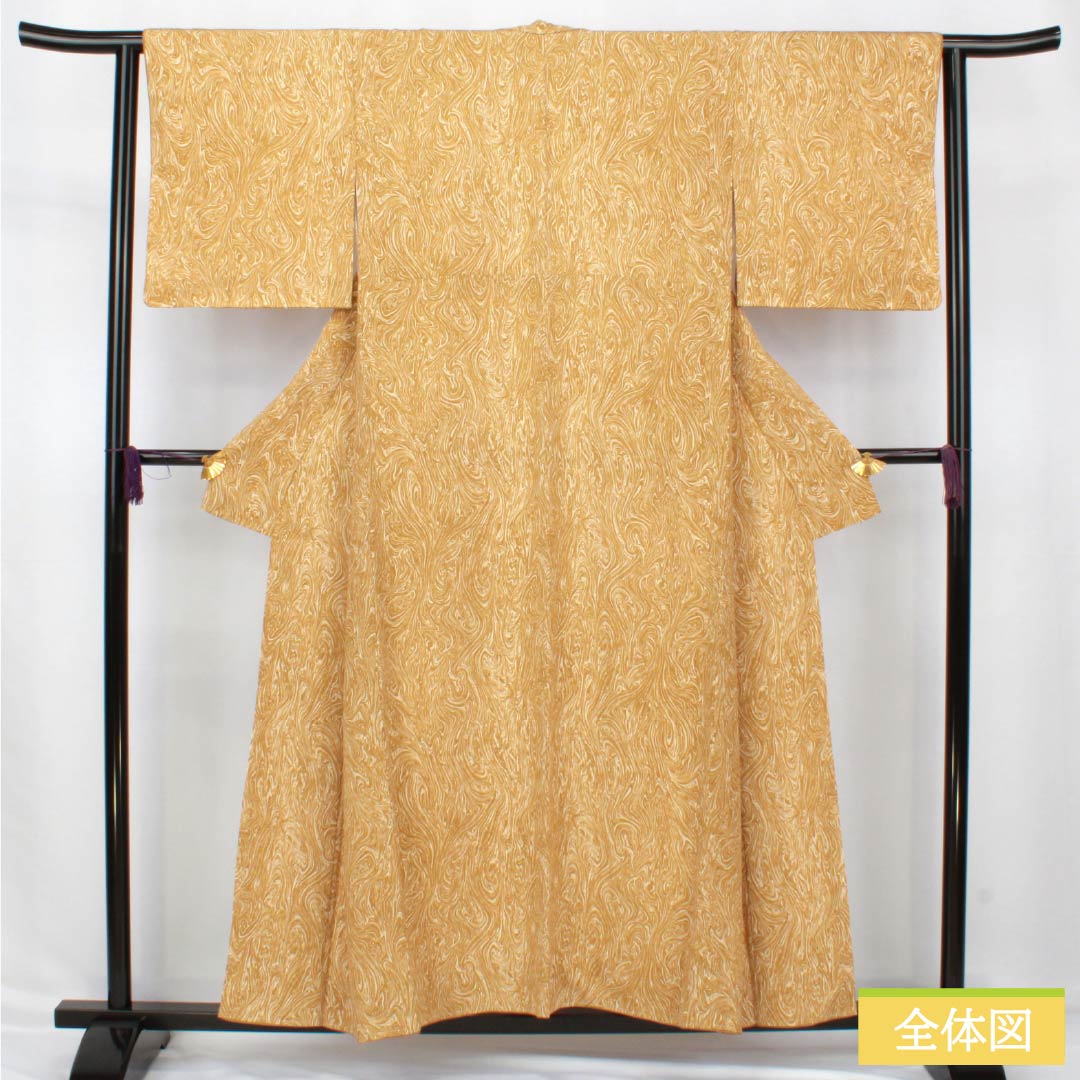 Small-patterned kimono, polyester, S rank, length 156cm, sleeve length 63cm, lined, loquat brown (biwa-chairo) dyed with Sumi-zushi dyeing, with basting threads, washable, orange, 1115007502326