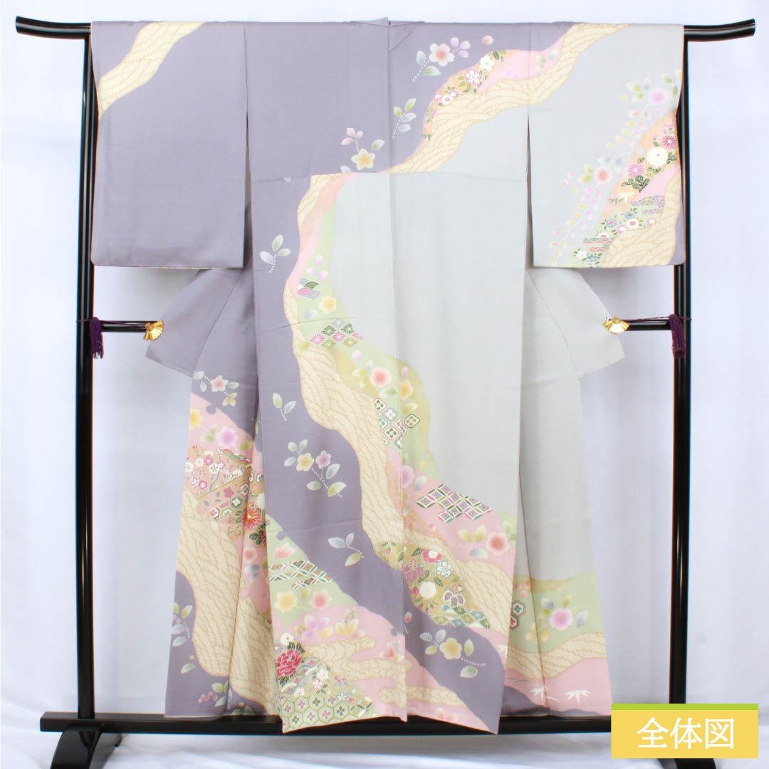 Visiting Kimono, Pure Silk, S Rank, Lined, Length 155cm, Sleeve Length 66cm, Light Gray (Usunezuiro) and Noble Gray (Kizoku Nezuiro) with Kyoto Yuzen Pattern and Floral Design, Gray Tones, Product Number: 1112006312322