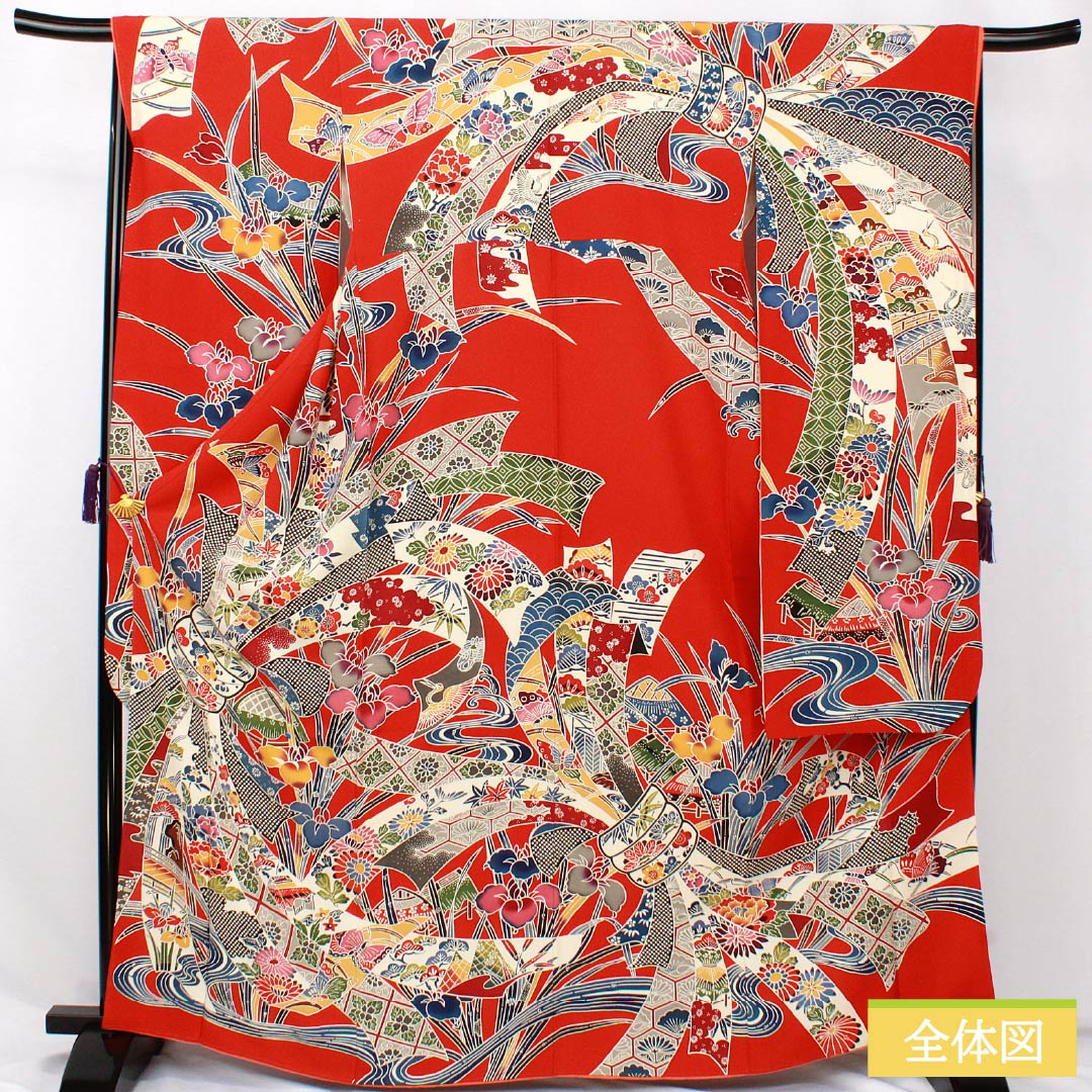 Furisode (long-sleeved kimono) made of pure silk, S-rank, length 166cm, sleeve length 67cm, lined, red, Kyoto Bingata pattern, with a bundled noshi (gift tag) and red crepe fabric, product number 1113002412512