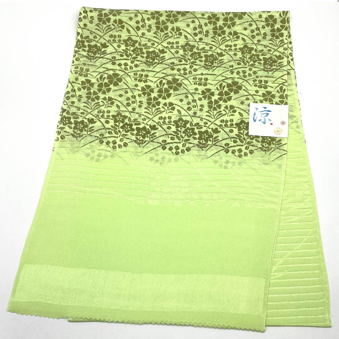 (New) Obiage, pure silk, semi-formal, young green (Wakanairo), summer, bellflower, pink, length 172cm, width 29cm, new rank, green, 1136000701919