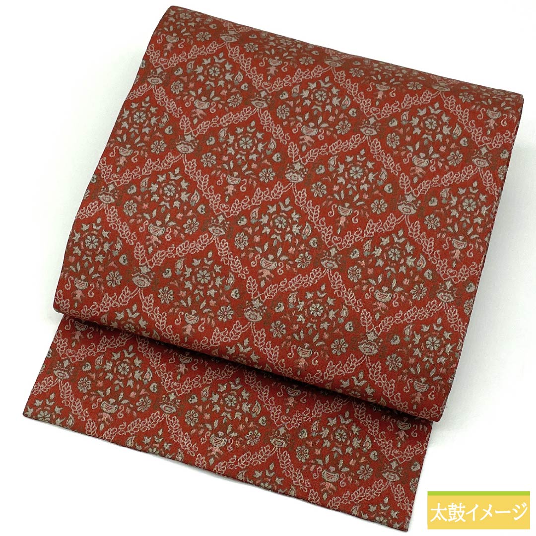 Nagoya Obi, Pure Silk, S-Rank, Benikakiiro (Red Persimmon Color), Shoba Weave, Sarasa Pattern, 330cm Length, Full Length, Casual, Orange, Item Number: 1124009362326, Nagoya Style