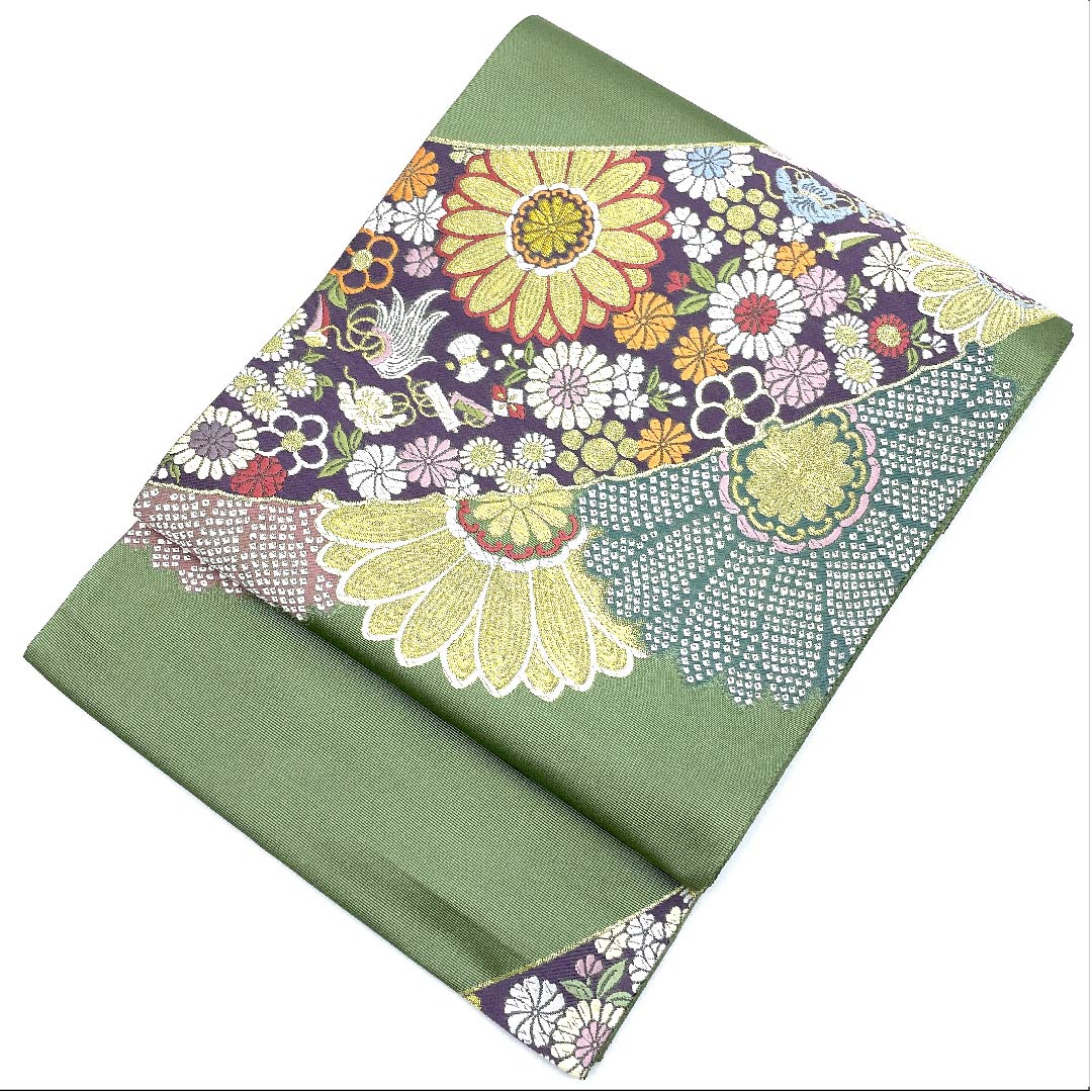 Fukuro Obi (wasabi color) with treasures and floral patterns, Takashima Orimono, obi length 435cm, pure silk, S rank, six-pass, semi-formal, green, 1123007162319