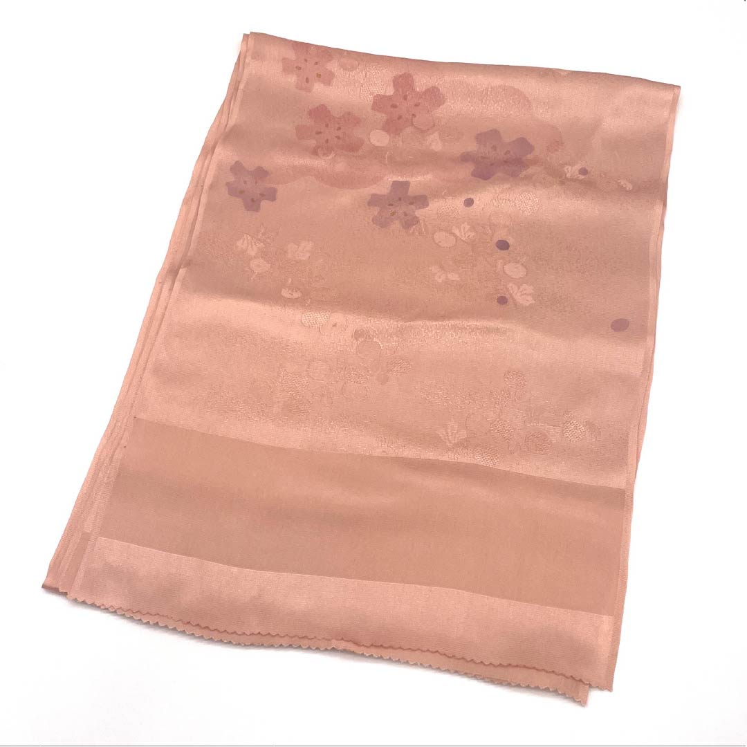 Semi-formal silk obiage (sash), S-rank, Shinonome-iro (Shinonome color), featuring a classic floral pattern, approximately 172cm long and 29.5cm wide, in pink. Product code: 1136002042913
