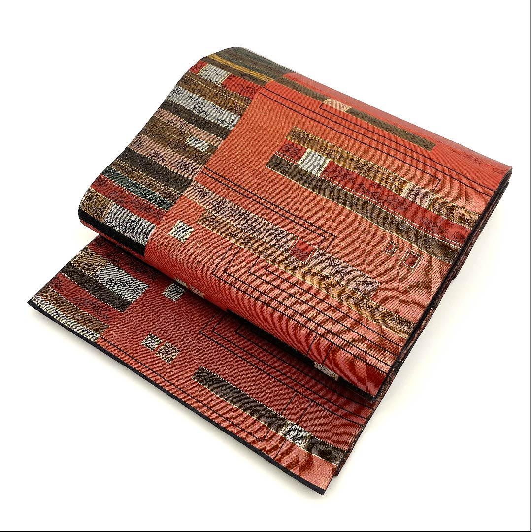 Fukuro obi (sash) in oxblood red with horizontal stripes and geometric patterns, obi length 442cm, pure silk, S rank, six-pass, semi-formal, vermilion, 1123002752316