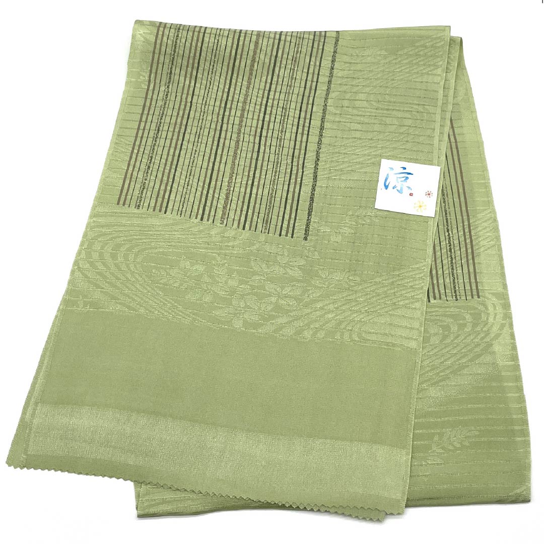 (新品)帯揚げ 正絹 セミフォーマル 柳茶色(やなぎちゃいろ) 夏物 縞 幾何学模様 長さ約168cm 幅約28cm NEWランク 緑系 1136000881919