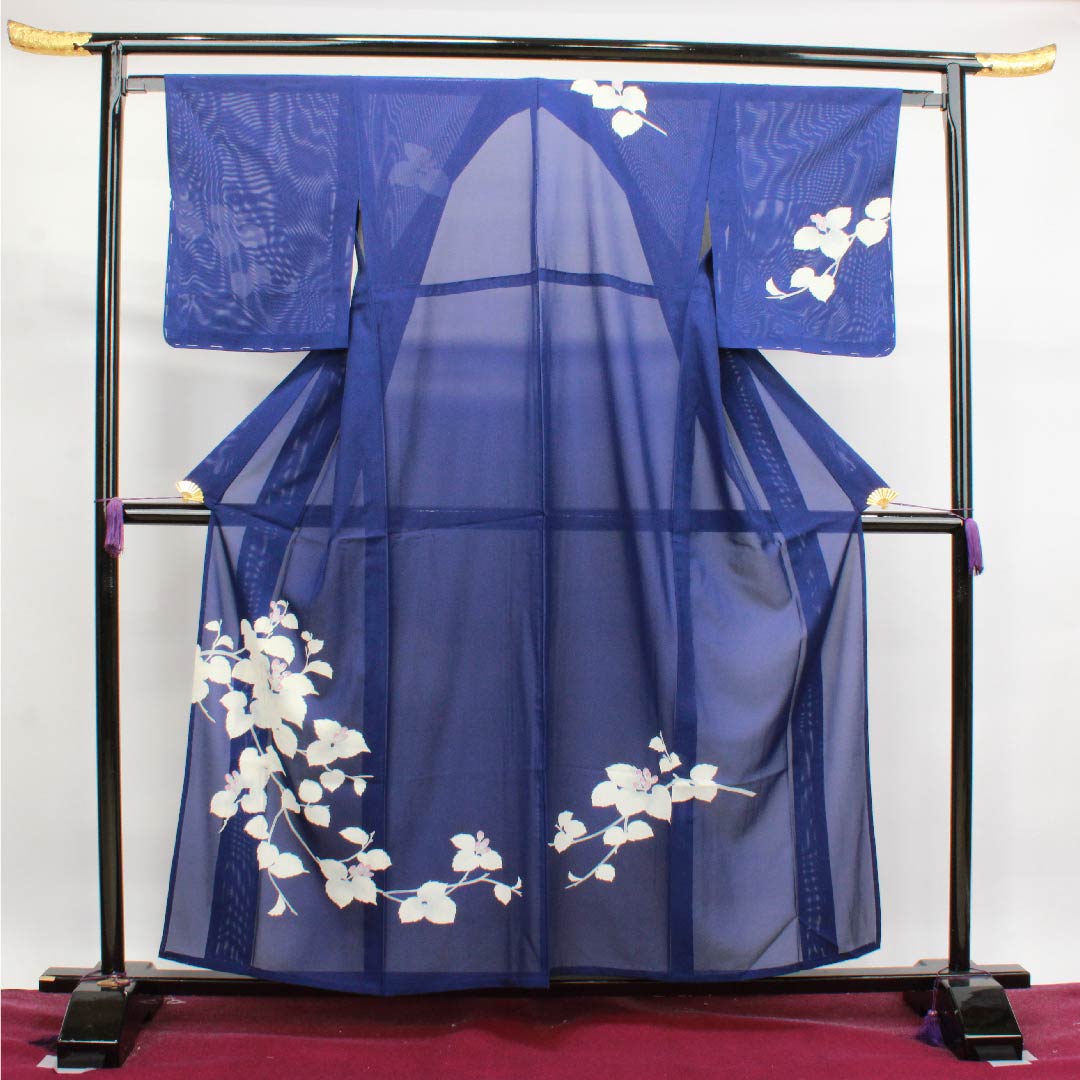 夏物 正絹 訪問着 身丈158cm 裄丈64cm 濃紺色(のうこんいろ)花模様 絽 Sランク 紺系 1132000122318