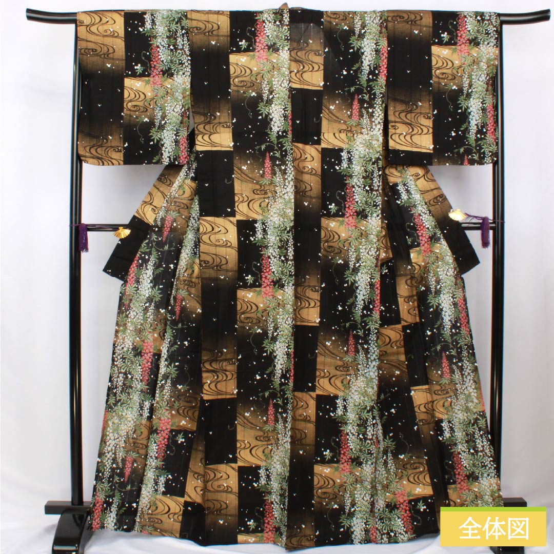 Cotton Yukata, Length 165.5cm, Sleeve Length 67cm, S Rank, Single Layer, Black, Tatero, Wisteria, Flowing Water, Checkered Pattern, 1118006532510