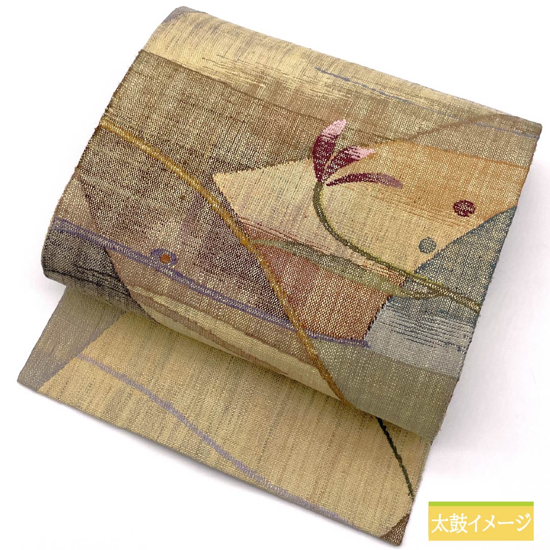 Nagoya obi, Torinoko color, Tsumugi fabric, abstract floral pattern, geometric pattern, obi length 368cm, pure silk, S rank, six-pass, casual, beige, 1124008232325, Nagoya style