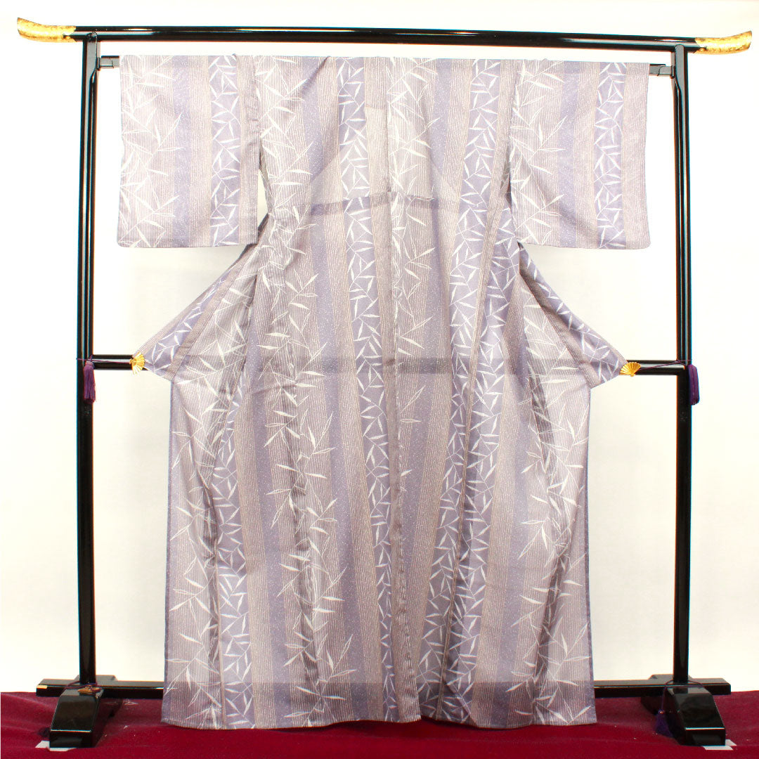 Summer kimono, polyester, small pattern, length 166cm, sleeve length 65cm, medium-light purple, bamboo leaves, stripes, washable kimono, silk, S rank, purple, 1132001482520