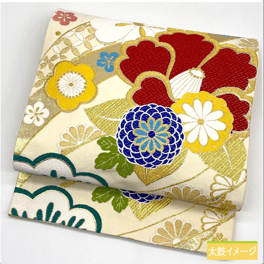 Fukuro obi, pure silk, milky white color, pine, bamboo, plum, camellia, cherry blossom, shippo, obi length 436cm, S rank, six-way, formal, cream color, 1123011662315