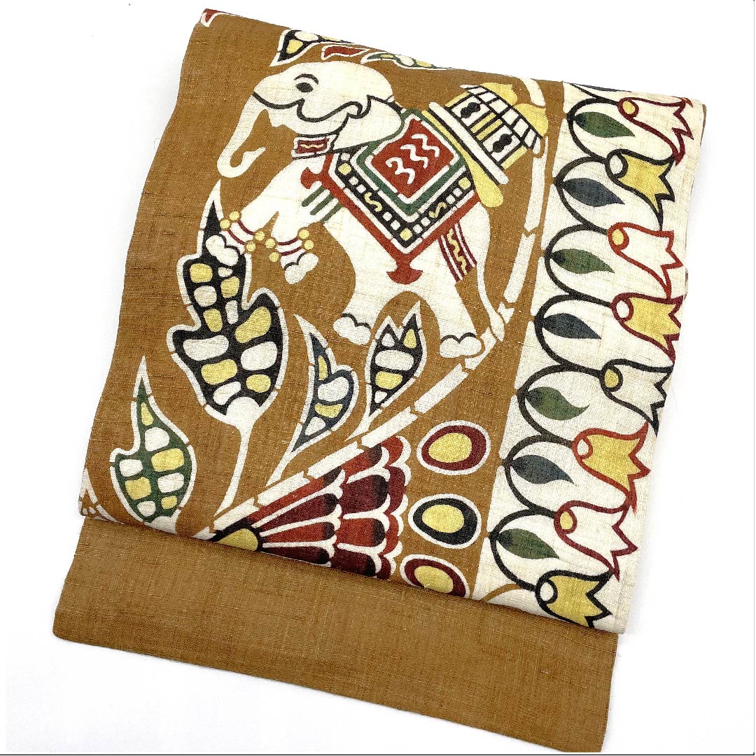 Nagoya obi, trunk color, Kyoto Bingata, Kuriyama Kobo, elephant, abstract flower pattern, obi length 376cm, linen, S rank, point pattern, casual, brown, 1124005262314, Nagoya style