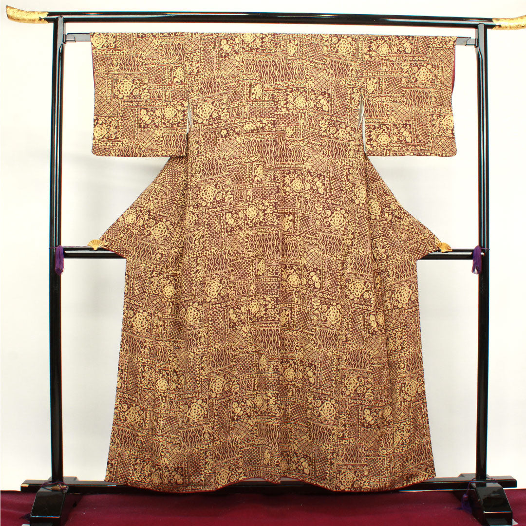 Komon, Length 156cm, Sleeve length 63.5cm, Awase, Iron black, Abstract pattern, Pure silk, S rank, Brown, 1115003422314
