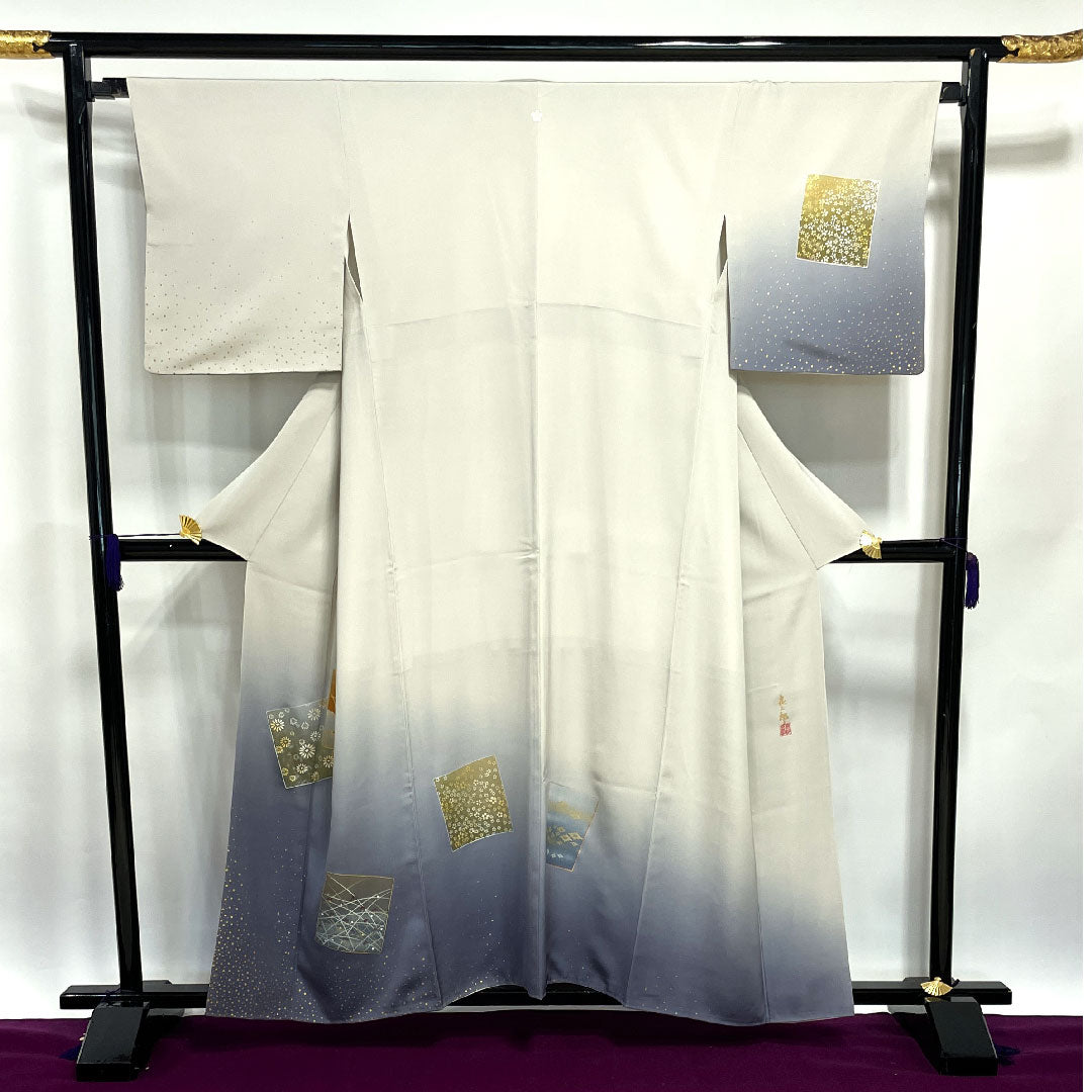 Homongi, lined, length 158cm, sleeve length 66cm, chalk color, Living National Treasure, Fukuda Kiyoshige, Shikishi pattern, embroidery, pure silk, S rank, gray, 1112002022322