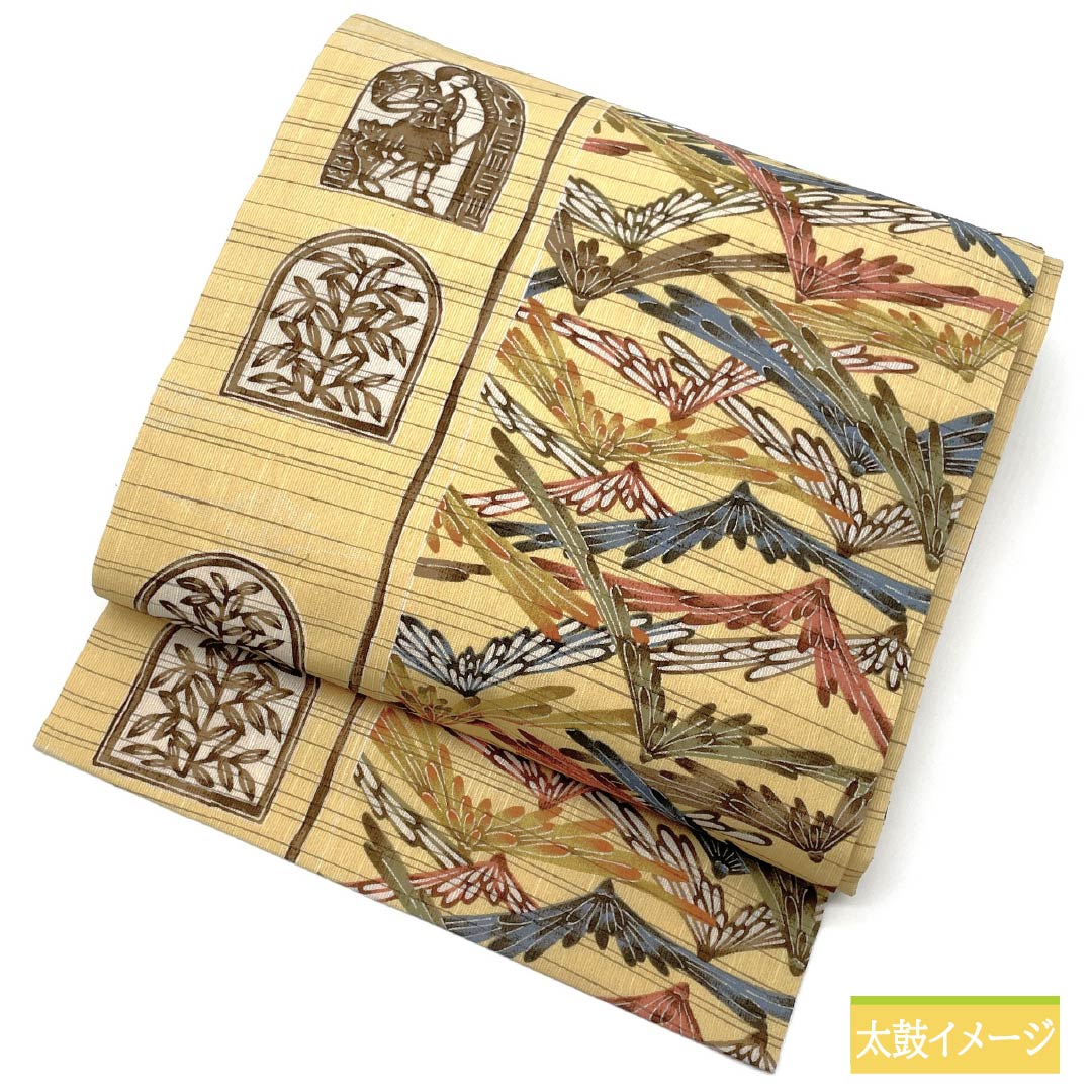 Nagoya obi, pure silk, egg yellow (ran'ou-iro), summer obi, dyed obi, Inca pattern, obi length 370cm, S rank, full length, casual, yellow, 1124007942323, Nagoya style