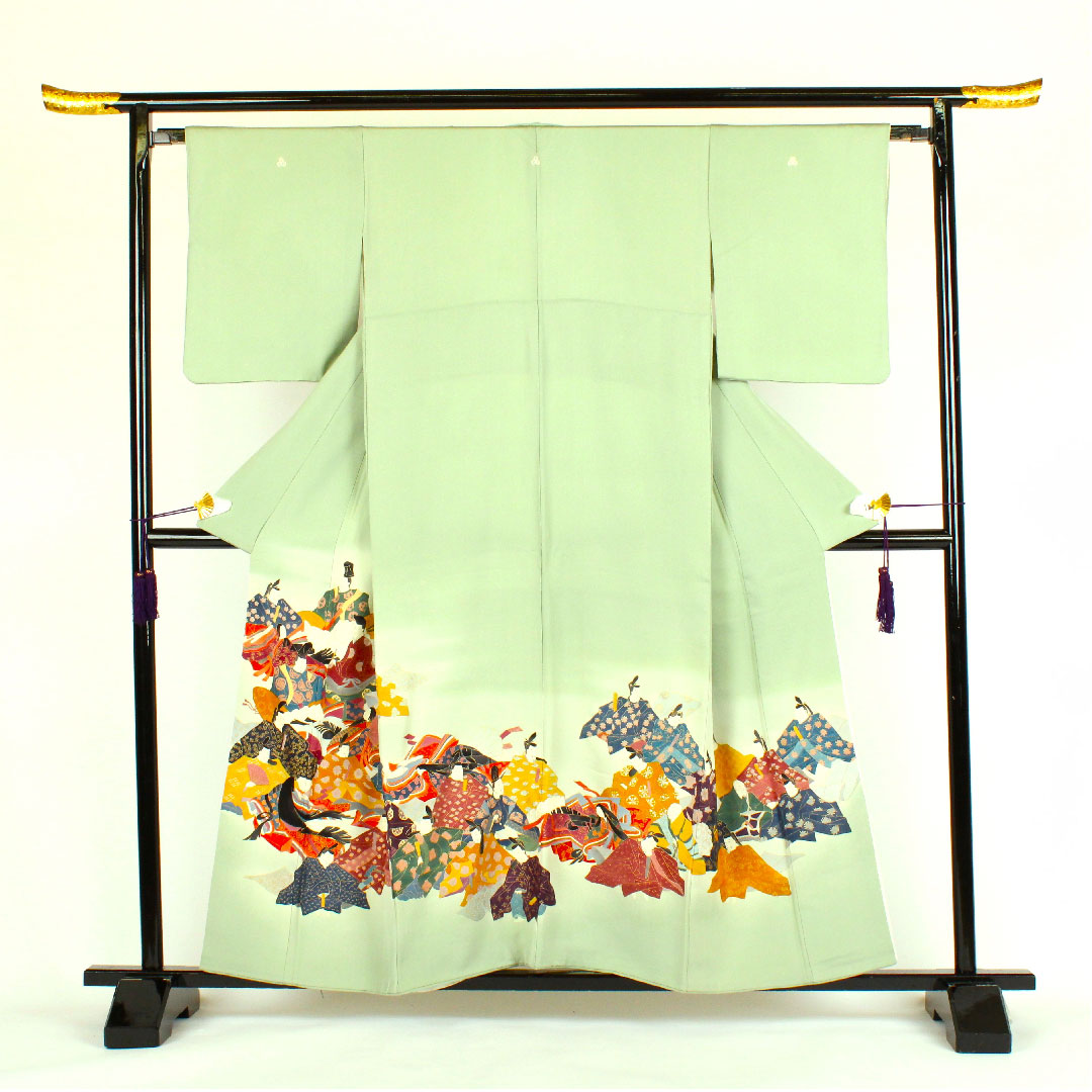 Colored Tomesode, Length 158cm, Sleeve Length 64cm, Awase, Daimyo Pattern, Pure Silk, A Rank, Three Crests, Green, 1111000123319