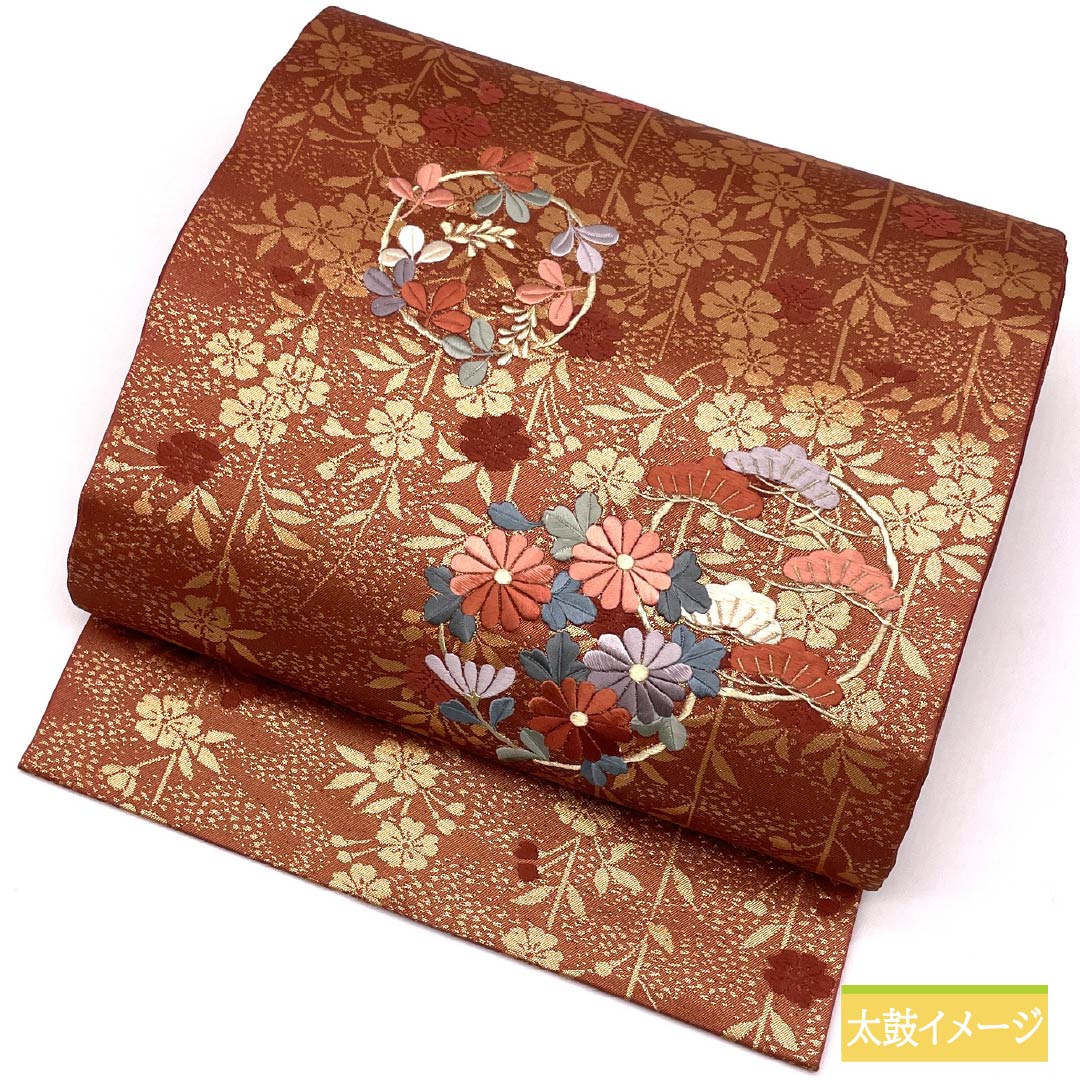 名古屋帯 吾木香色(われもこういろ) 松 刺繍 花模様 帯丈358cm 正絹 Sランク ポイント柄 セミフォーマル 朱系 1124008392316 名古屋仕立て
