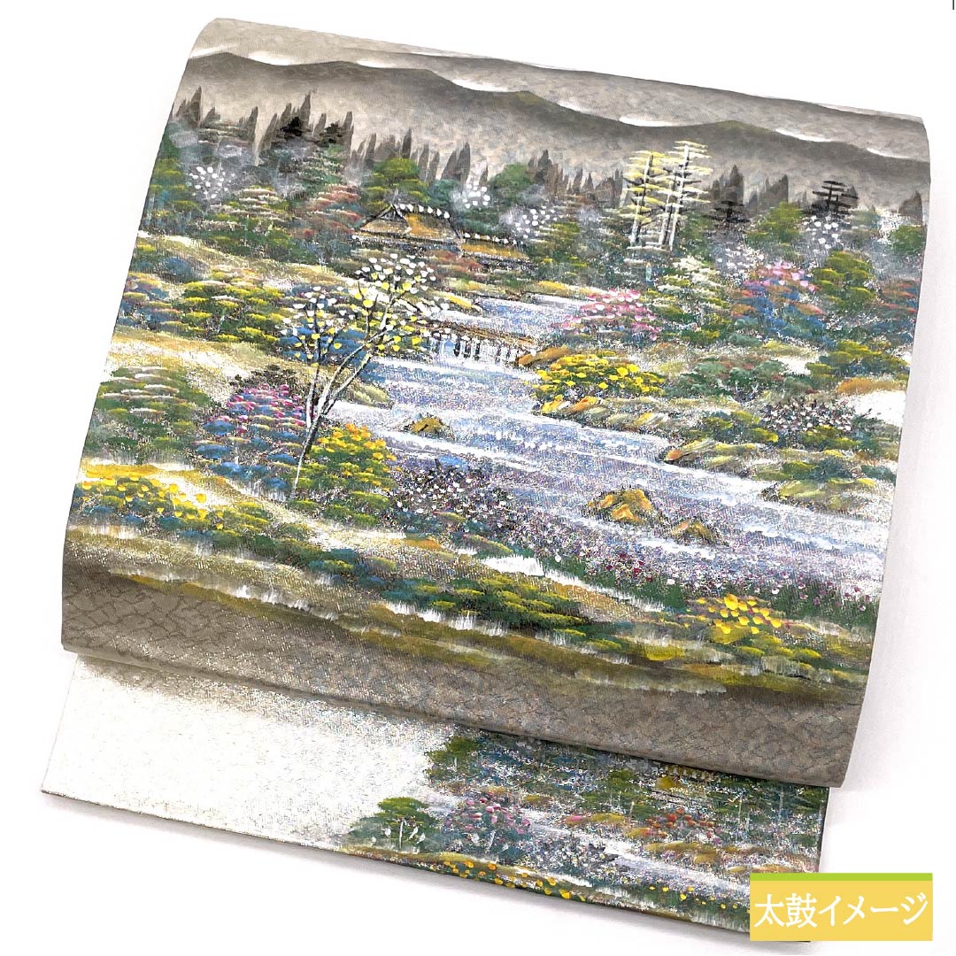 袋帯 正絹 銀色(ぎんいろ) 作家物 春蘭 風景模様 帯丈470cm Aランク ポイント柄 カジュアル 銀系 1123012553422