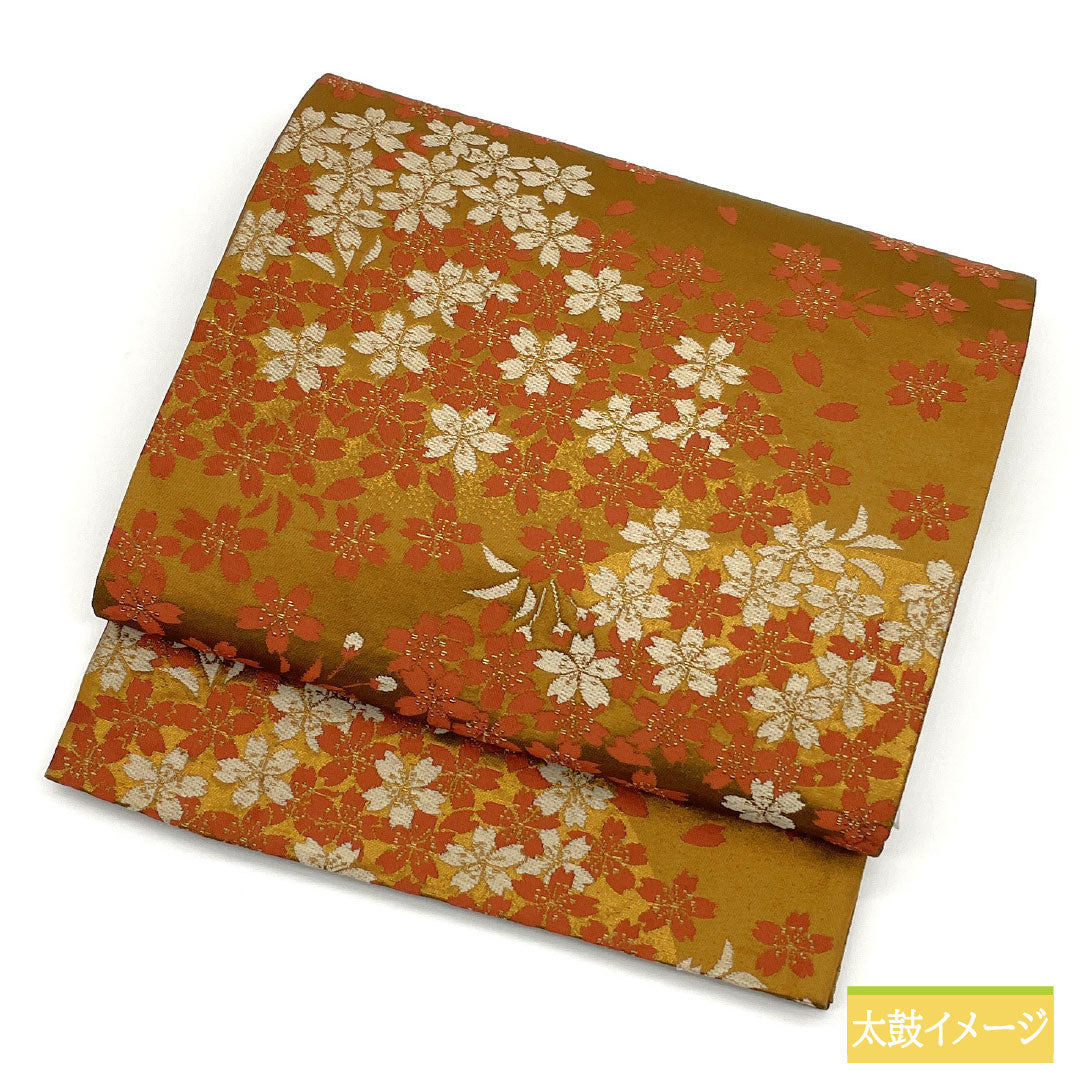 (京袋帯)名古屋帯 ポリエステル Aランク 枇杷茶色(びわちゃいろ) 京袋帯 桜 帯丈370cm 六通 カジュアル 黄系 1124011053323 開き仕立て