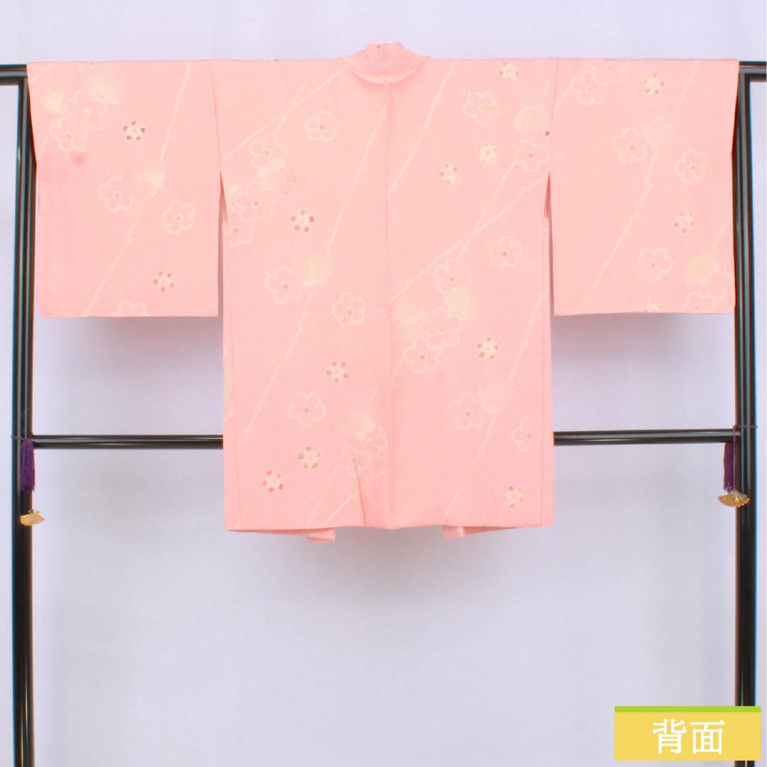 Haori (Japanese traditional kimono jacket) made of pure silk, S-rank, length 84cm, sleeve length 66cm, Shinonome-iro (Shinonome-iro) color, floral design, lined, pink, with basting thread, product number 1117001332913