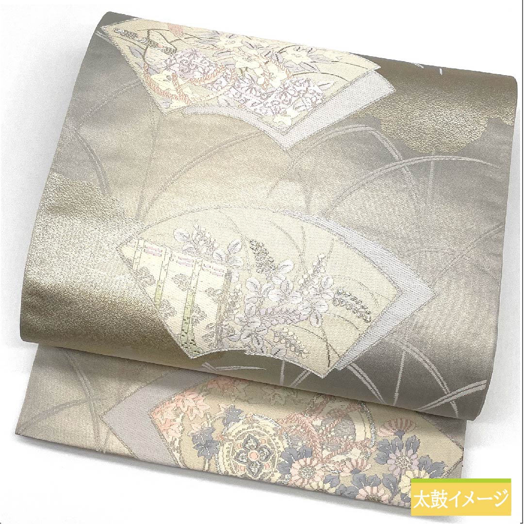 Fukuro Obi (Sash) - Pure Silk, Light Gray, Fan Pattern, Bellflower, Drum, Autumn Leaves, Length 428cm, A Rank, Six-way, Formal, Gray, 1123011823322