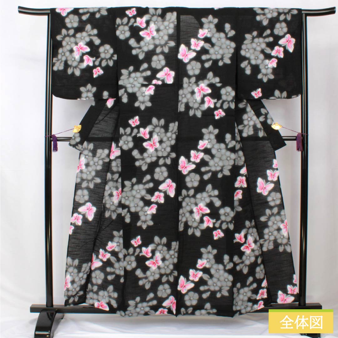 Cotton Yukata, Length 158.5cm, Sleeve Length 64.5cm, S Rank, Single Layer, Black, Butterfly and Flower Design, 1118006152310