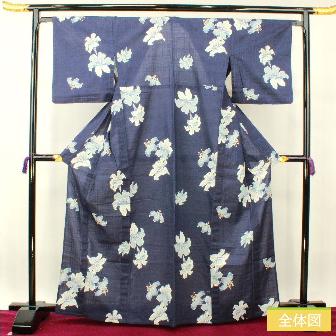 浴衣 木綿 身丈166cm 裄丈64.5cm Sランク 単衣 紺系 燻色(ふすべいろ) カサブランカ 1118005142518