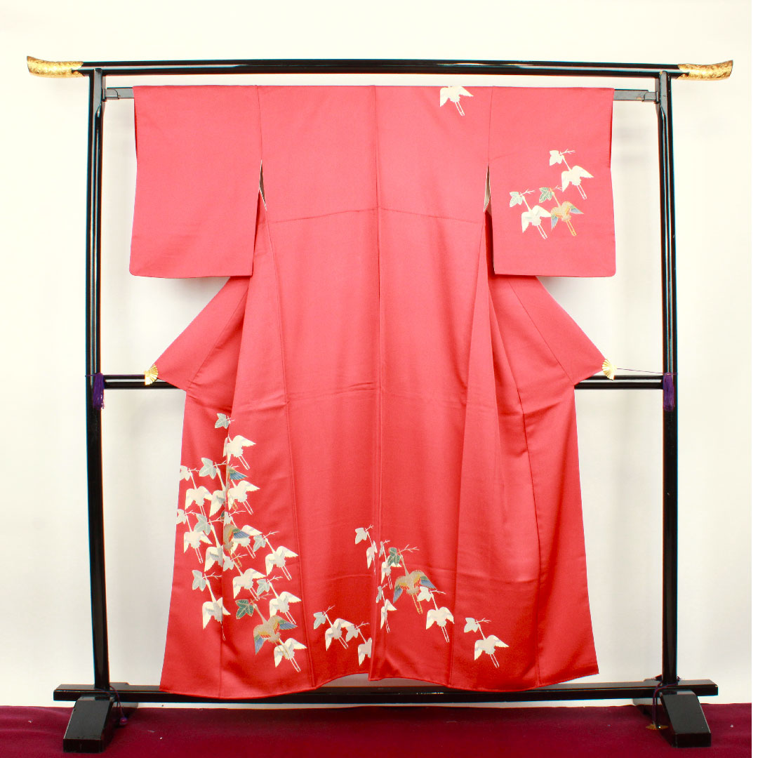 Homongi, lined, length 155cm, sleeve length 59cm, crimson silk, Kyo-Yuzen, crane, pure silk, A rank, red, 1112001863312