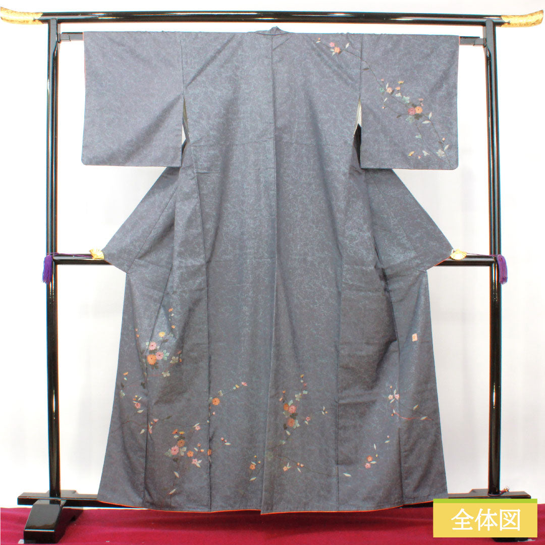 Homongi, pure silk, lined, length 161cm, sleeve length 63cm, grayish blue, Oshima Tsumugi, floral pattern, artist's work, A rank, gray, 1112004013422